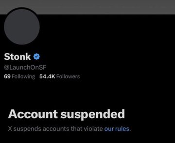 The image shows that the $STONK (@LaunchOnSF) X account has been suspended, displaying the message "Account suspended - X suspends accounts that violate our rules," while the account had 69 Following and 54.4K Followers. This aligns with the post noting the irony that despite the account suspension, the $STONK token continues to rally—likely driven by its strong community holding the bag.