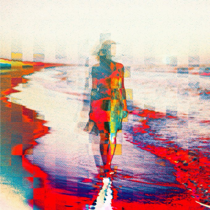 An abstract, glitch-art style image of a figure standing in a colorful landscape with red, blue, and yellow tones.