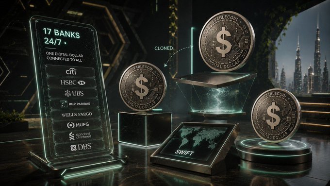 A futuristic digital display shows '17 BANKS 24/7' with bank logos including Citi, HSBC, UBS, BNP Paribas, Wells Fargo, MUFG, Santander, and DBS, alongside golden 'STABLECOIN' coins marked 'CLONED' with 'DIGITAL DOLLAR' text, and a 'SWIFT' tablet, set against a cityscape.