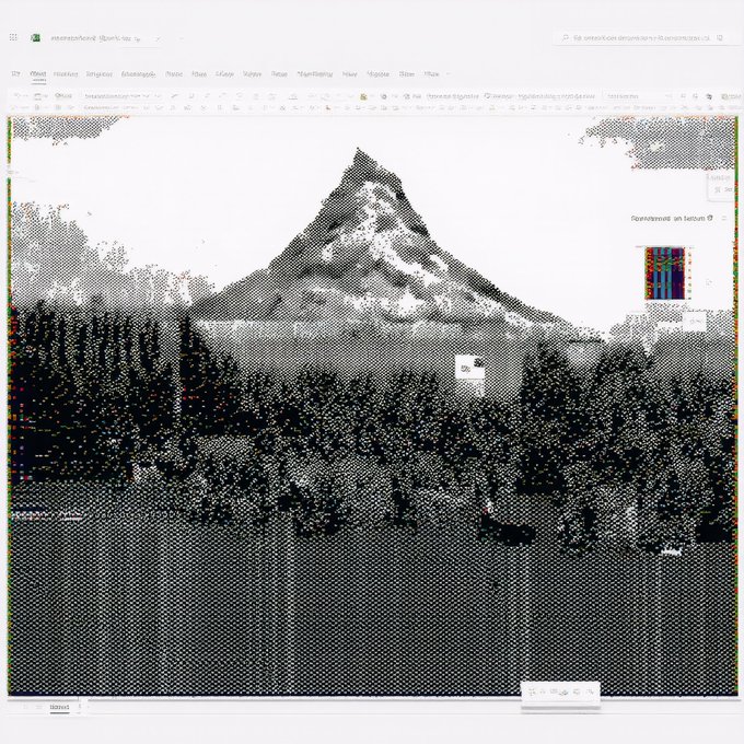 A pixelated, grayscale digital rendering of the Matterhorn mountain as a "mesh painting" displayed within an Excel spreadsheet interface, with interface text in German. The artwork appears as a dotted grid pattern forming the iconic alpine peak against a lighter sky, fitting the post's description of "Matterhorn Mesh Painting Excel Series II #58" being sold as an NFT on objkt.com for 12 tez.