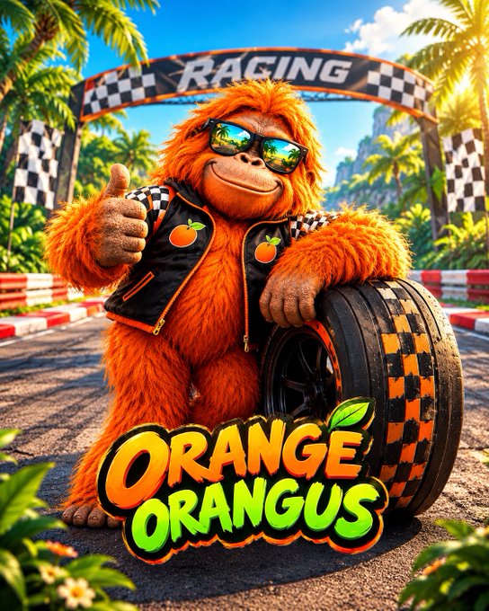 A colorful racing-themed poster features an orange furry character giving a thumbs-up beside a tire, with “RACING” above and “ORANGE ORANGUS” below.