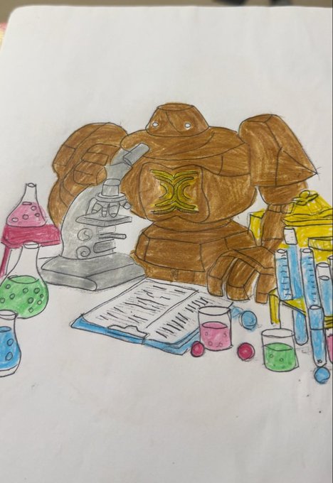 The image features a drawing of a robot sitting at a table surrounded by various laboratory equipment, including test tubes, beakers, and other scientific instruments. The drawing also includes a book and a magnifying glass, suggesting that the artist has created this scene as part of an educational or creative project. The post encourages curiosity, learning, and imagination, which are essential elements in the pursuit of scientific discovery and innovation.