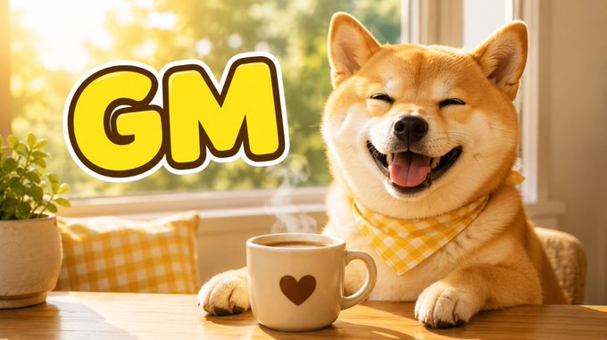 A cheerful 'GM' (Good Morning) meme image featuring a smiling Shiba Inu dog wearing a yellow checkered bandana sitting at a table with a steaming coffee mug.