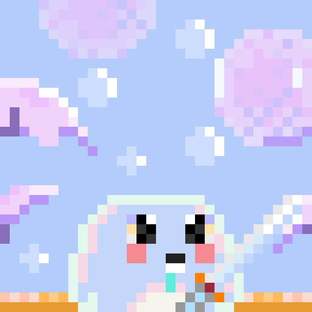 A pixel art illustration of a cute white animal character with large eyes standing beneath pink cherry blossom trees against a blue sky.