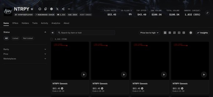 A screenshot of the NTRPY marketplace interface showing Northwood Chain items with a floor price of $53.45, 24h volume of $106.5K, and 1,832 owners (55%), displaying multiple NTRPY Genesis NFT listings.