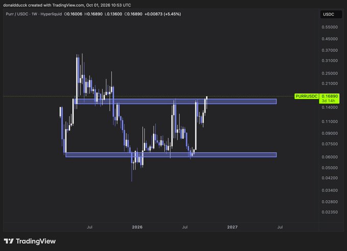 A TradingView candlestick chart for PURR/USDC on Hyperliquid, showing a weekly timeframe with price levels around 0.16006 and highlighted horizontal support/resistance zones.