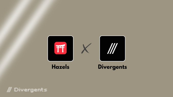 A minimalist logo collaboration graphic featuring "Hazels" (a red Japanese torii gate icon) and "Divergents" (with three diagonal lines) separated by an X on a beige background.