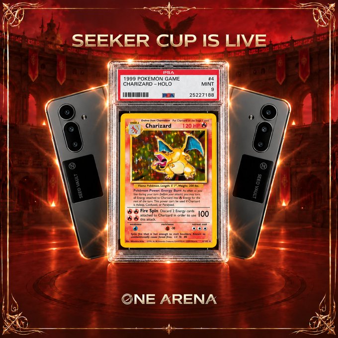 A promotional graphic for 'SEEKER CUP IS LIVE' featuring a graded 1999 Pokemon PSA Mint 9 Charizard-Holo card displayed between two Seed Vault phones, with 'ONE ARENA' branding.