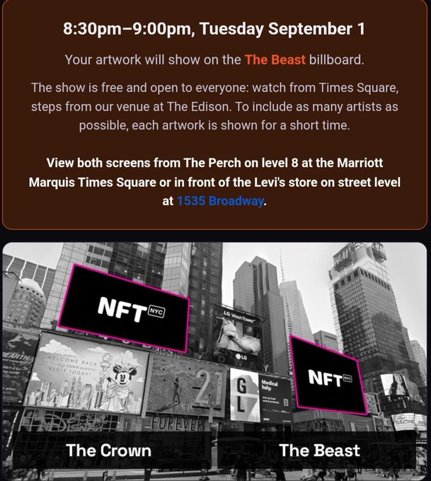 Promotional image for an NFT.NYC event on Tuesday, September 1, 8:30pm-9:00pm, displaying artwork on 'The Beast' billboard at The Edison in Times Square, viewable from The Perch on level 8 of the Marriott Marquis or at 1535 Broadway.
