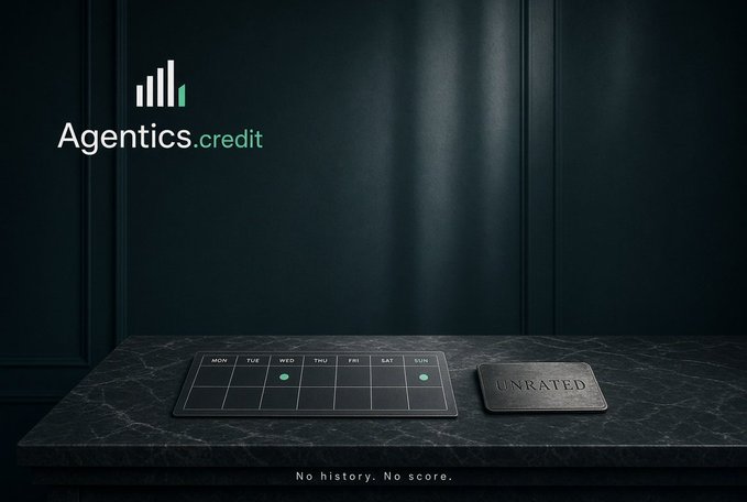 A promotional image for Agentics.credit featuring a dark marble countertop with a calendar mat and an "UNRATED" plaque, with the tagline "No history. No score."