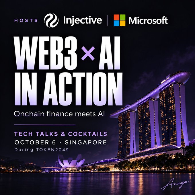 A promotional poster for 'WEB3 x AI IN ACTION: Onchain finance meets AI' tech talks and cocktails event hosted by Injective and Microsoft, scheduled for October 6 in Singapore during TOKEN2049, featuring the Marina Bay Sands hotel.