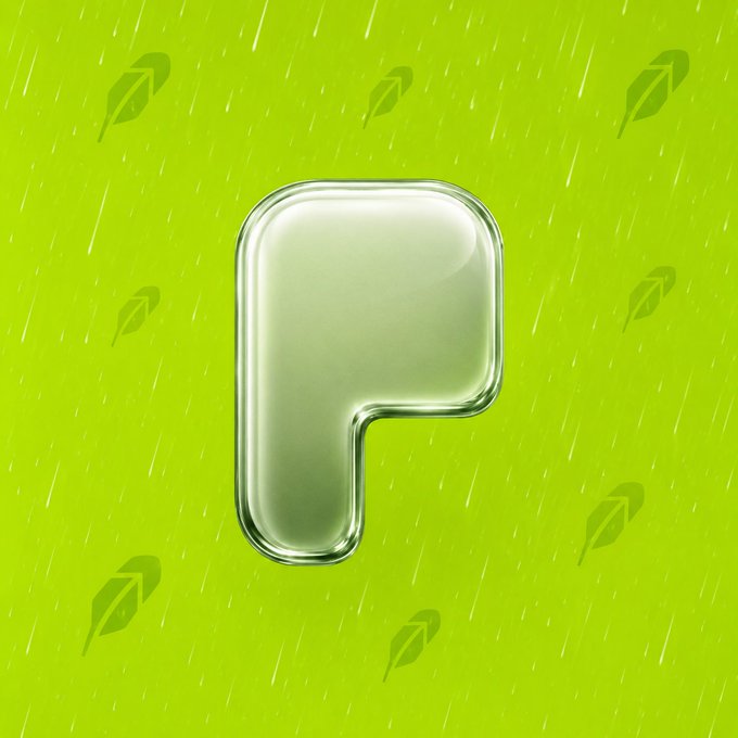 A 3D-rendered translucent green letter 'P' centered on a bright green background with falling rain and leaf patterns.