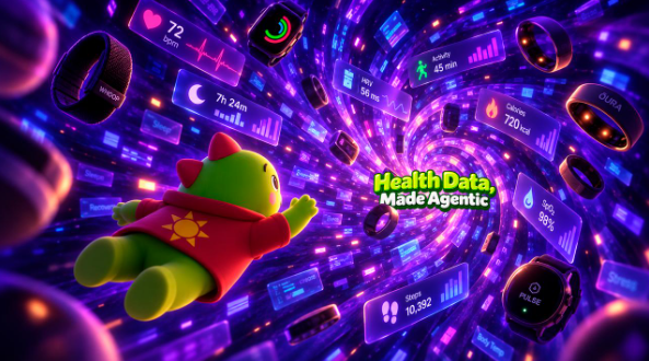A vibrant digital illustration showing a green plush toy wearing a red hoodie with a sun emblem, floating in a colorful tunnel surrounded by various health and fitness tracking data displays and smartwatch interfaces, titled 'Health Data, Made Agentic'.