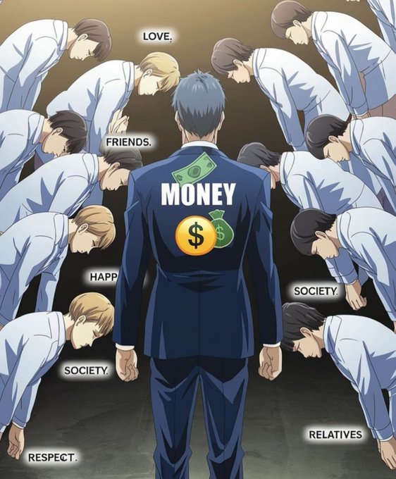 A man in a suit labeled "MONEY" stands at the center while surrounding figures bow down, their speech bubbles listing things that yield to wealth: "LOVE," "FRIENDS," "HAPP[INESS]," "SOCIETY," "RELATIVES," and "RESPECT." The illustration visually reinforces the caption's message that money holds ultimate power over personal relationships and social values.