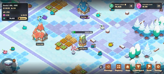A screenshot of a mobile strategy game showing a snowy 'Arctic' area with game elements like 'Town Hall', 'The Digs', and 'Aisle Shelter', along with stats like 'Global Luxbux 78,425' and 'Claimable baks 16.5d'.