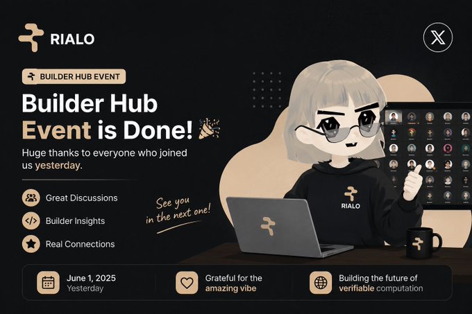 A promotional graphic announcing 'RIALO Builder Hub Event is Done!' dated June 1, 2025, featuring a cartoon character with a laptop and mug, alongside highlights like 'Great Discussions' and 'Builder Insights'.