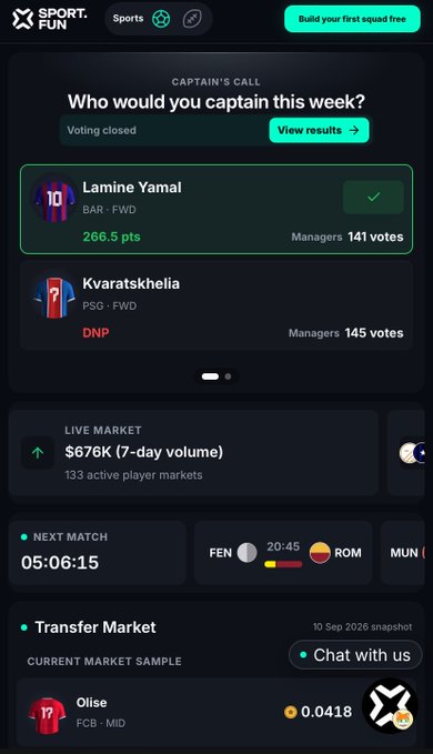A mobile app screenshot of "Sport.Fun" showing a fantasy sports platform where users can captain players like Lamine Yamal (266.5 pts, 141 votes) or Kvaratskhelia (145 votes), with a live market of $676K and a transfer market section featuring Olise at 0.0418.

The image doesn't appear directly related to the post about memecoin trading and luck; rather, it shows a sports-based fantasy gaming platform with active player markets and a captain voting system, which may be used as an unrelated visual.