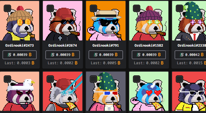 A display of pixel art NFT characters with usernames like '0rdinooki' and prices listed in B (likely Bitcoin or similar crypto) around 0.00039-0.00042.