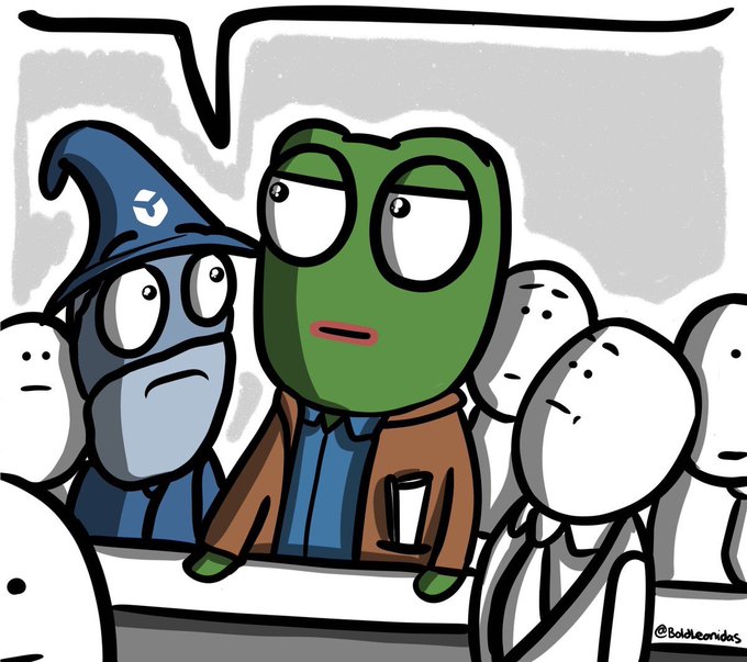 A cartoon illustration of a green-faced Pepe the Frog character in a brown jacket standing at a bar surrounded by other patrons.