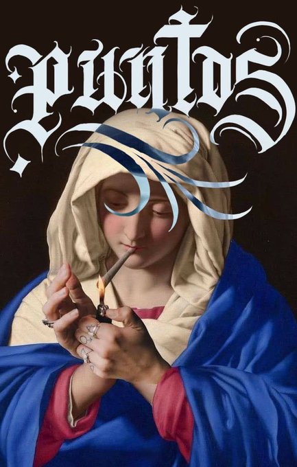 A cover image featuring a classical painting of the Virgin Mary in blue and cream robes lighting a match or joint, overlaid with ornate gothic white text reading 'NUNTIUS'.
