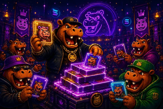 A vibrant digital illustration depicts a group of anthropomorphic hippos in streetwear and gold chains gathered around glowing purple trading cards in a stadium-like arena, with hippo-themed banners and neon signage in the background.