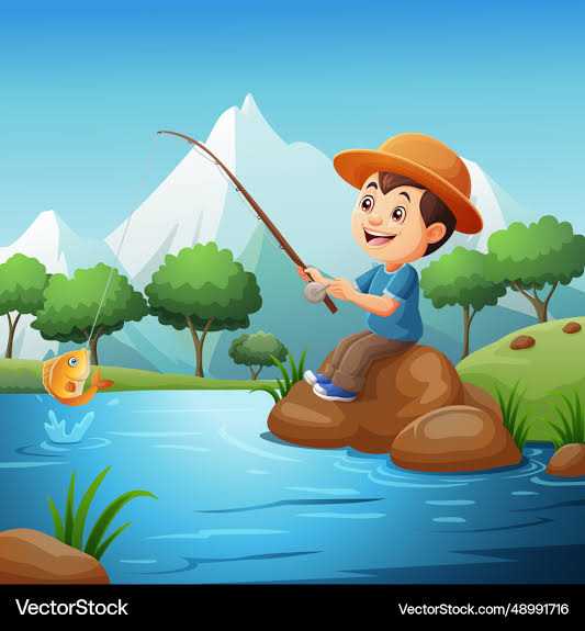 The image features a cartoon boy sitting on a rock by a river, holding a fishing rod and smiling as he waits for a fish to bite. The background of the image shows mountains under a clear blue sky, creating a serene and picturesque setting. The caption above the image reads "One post can grab attention. But attention fades fast. Reputation takes time. And authenticity takes even more. That's what makes @wallchain different. It's not built on viral moments. It's built on the small signals people leave behind every day. How you reply. How you".