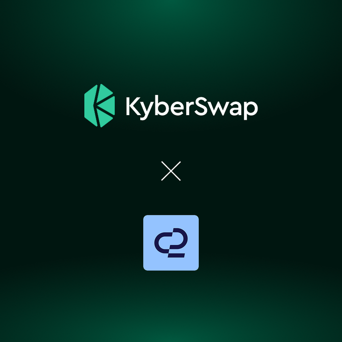 The image features a green background with text and logos written below it. The main focus of the image is a blue and white logo that reads "KyberSwap" in bold, capital letters. Below this logo, there's an image of a small square containing another symbol - an x crossed out by two diagonal lines. Additionally, the words " Kyber Swap has integrated o2 as a new PMM liquidity source, bringing deeper liquidity and better rates for traders." This statement is displayed below the logos, providing context to what each part of the image represents.