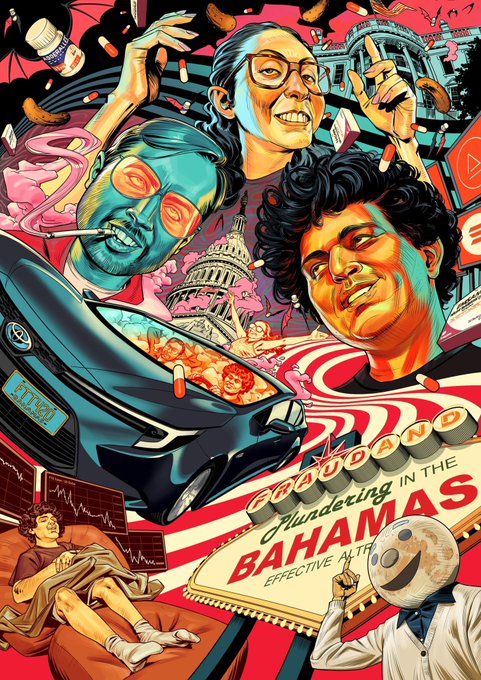 Colorful pop-art style illustration promoting Bahamas effective altruism event with 'COUNTDOWN 10,000' sign, featuring stylized characters, a car, the US Capitol, and various surreal elements.