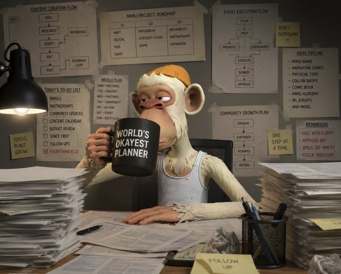 A humorous 3D illustration of a monkey wearing a tank top, drinking from a mug labeled "WORLD'S OKAYEST PLANNER," surrounded by chaotic sticky notes and papers about content creation, project roadmaps, and weekly plans.