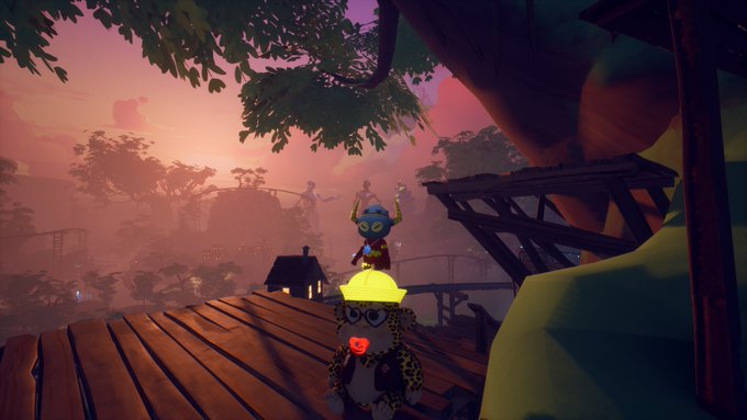 The image features two cartoon characters, one of which has a yellow hat and is standing on top of a wooden platform with trees surrounding them. The other character appears to be a baby wearing a yellow hat as well. They are both located near a bridge in what seems to be an outdoor setting. The post about the badge implies that this scene might be related to a video game or a digital illustration, possibly featuring characters from a story or a game.