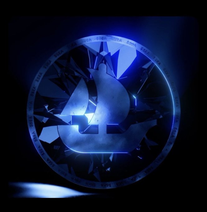A 3D rendering of a glowing blue emblem with a stylized tree design, surrounded by shattered glass and a circular border containing repeating text. The object is illuminated from within against a dark background.