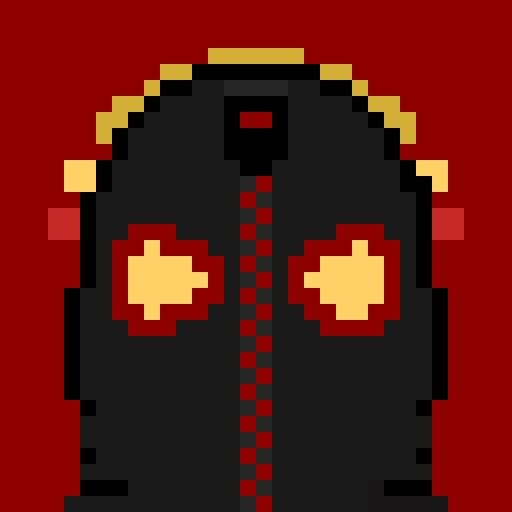 A pixel art image depicting a dark grey jacket with a red zipper and glowing yellow eyes on a dark red background.