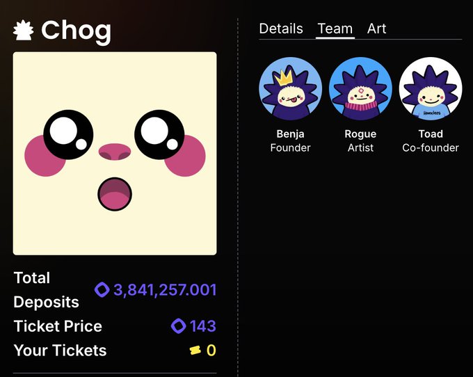 A webpage for 'Chog' displaying 3,841,257.001 total deposits and a 143 ticket price, alongside a team section featuring Benja (Founder), Rogue (Artist), and Toad (Co-founder).