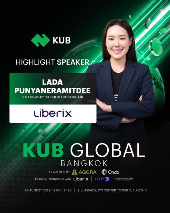 A promotional poster for 'KUB GLOBAL BANGKOW' featuring highlight speaker Lada Punyaneramitdee, Chief Strategy Officer of Liberix Co., Ltd., on August 28, 2026.