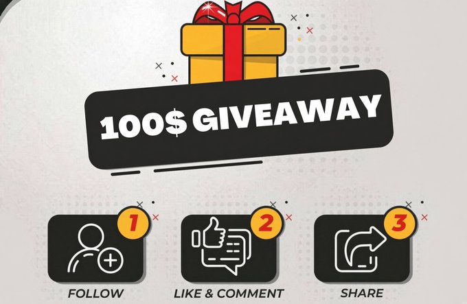 A graphic promotes a "$100 GIVEAWAY" featuring a gift box icon and three-step instructions to "Follow," "Like & Comment," and "Share," which align with the accompanying tweet's giveaway rules for four lucky participants to win $25 each via likes, retweets, and following @KriptonunUzmani.