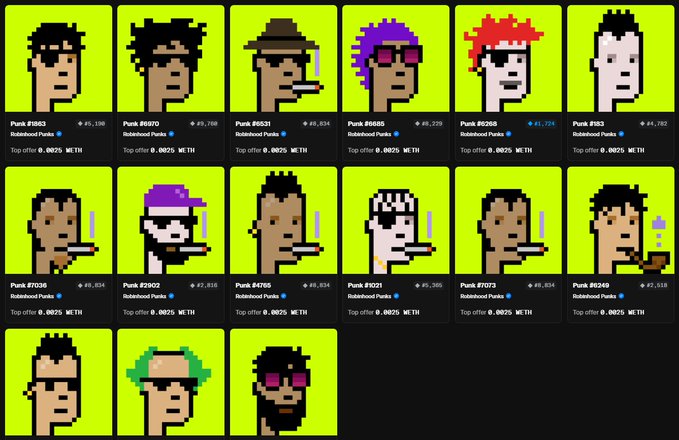 The image displays a grid of pixel art characters from the Robinhood Punks NFT collection, showcasing various unique designs with different accessories like sunglasses, hats, and hairstyles, each labeled with "Punk #XXXX" along with their rarity scores and top offer prices (0.0025 WETH). This collection serves as a visual menu for the giveaway, where the poster invites participants to comment their address and choose their preferred Punk PFP.