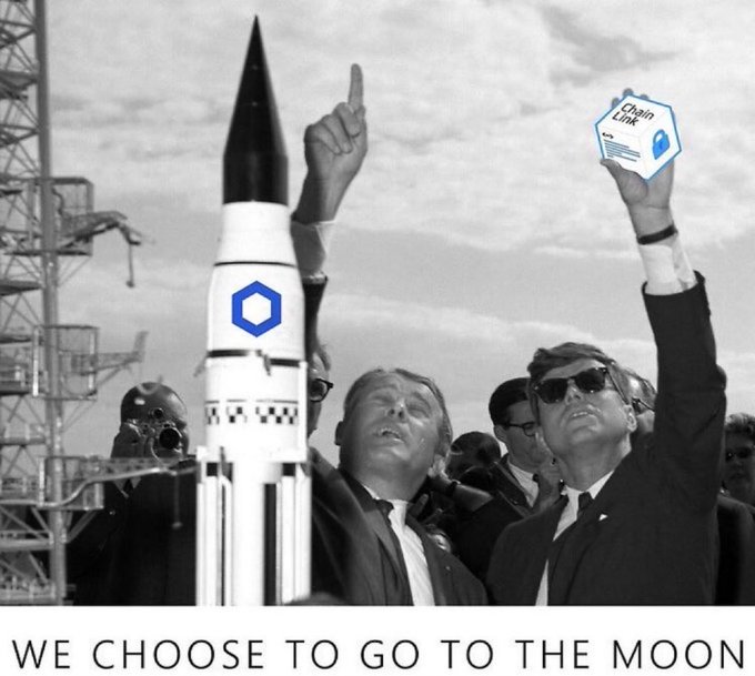 Black-and-white photograph reimagined with Chainlink branding, showing men pointing upward at a rocket, with the Chainlink logo replacing the NASA emblem and the tagline 'WE CHOOSE TO GO TO THE MOON' at the bottom.