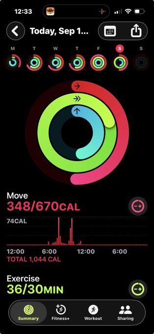 A screenshot of an Apple Fitness app on iPhone showing the Summary tab for 'Today, Sep 1' with Move rings at 348/670 CAL and Exercise at 36/30 MIN.