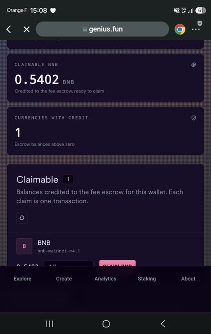 Screenshot of genius.fun showing 0.5402 BNB claimable in a fee escrow, supporting the post's claim of quickly earning money in about 30 minutes.