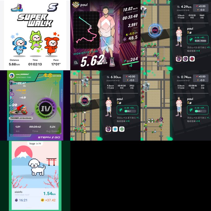 A collage of screenshots from various move-to-earn fitness apps including SuperWalk (5.68km, 17'01"), STEPN GO (1.81km, +6.84 IV Sneaker), and a StepN-related tracker showing distances of 4.29km, 6.30km, and 0.74km with a user's "hoge Lv.78" collection item, illustrating the poster's daily #superwalk Day 722 exercise routine and steps despite the overheating issues with their Xperia 5V.