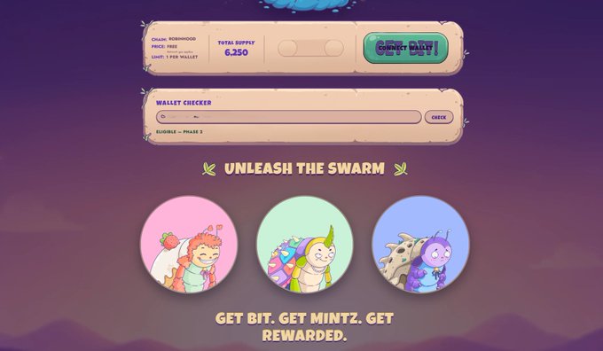 A Web3 game interface titled "UNLEASH THE SWARM" showing a wallet checker for ROUNDHOOD ROBINHOOD, total supply of 6,250, and mint phases, with three cartoon character avatars and the tagline "GET BIT. GET MINTZ. GET REWARDED."