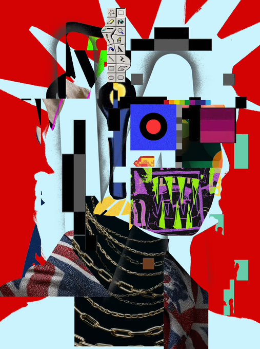 A chaotic digital collage portrait with a red starburst background features a head-like composition of fragmented elements: a panel of small icons at the top, a blue square with a red bullseye, dripping neon mouth imagery, and a draped gold chain over a patterned scarf—visually mirroring the glitchy, layered aesthetic of the "REALITY RUG" NFT that sold for 0.53 ETH on R3ORDR's secondary market.