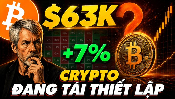 A YouTube thumbnail featuring a man with Bitcoin imagery, displaying text '$63K', '+7%', and Vietnamese text 'ĐANG TÁI THIẾT LẬP' against an orange financial chart background.