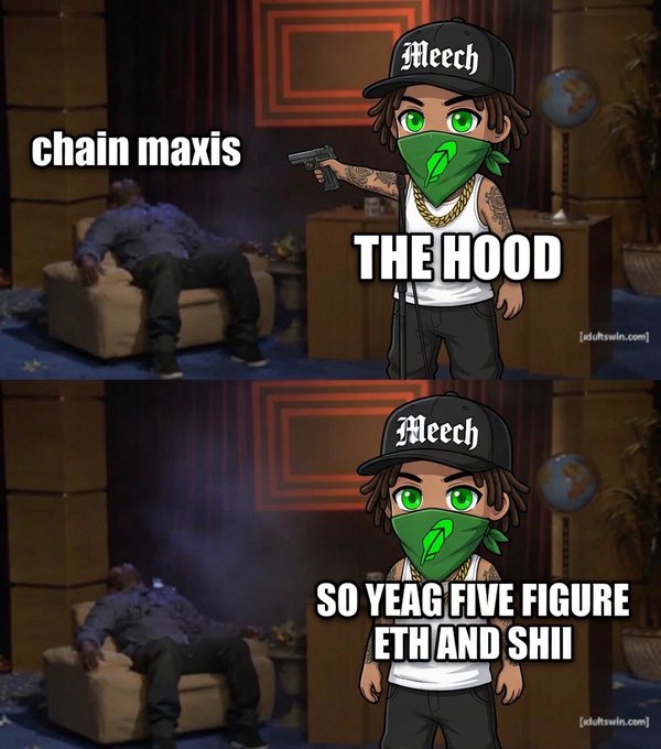The image is a two-panel meme featuring a cartoon character labeled "THE HOOD" wearing a "Meech" cap and green bandana, holding a gun next to a body on a couch labeled "chain maxis." The second panel shows the same scene with text reading "SO YEAG FIVE FIGURE ETH AND SHII," humorously suggesting that achieving a five-figure Ethereum portfolio is as dangerous or dramatic as taking down cryptocurrency maximalists.
