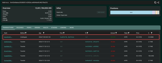 A blockchain explorer interface shows a wallet overview with a total value of 13,051,784,838.285 and highlights a recent 'Undelegate' transaction for -98.95K tokens.