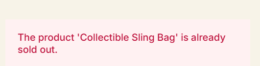A digital notice displays red text on a light pink background stating "The product 'Collectible Sling Bag' is already sold out." The image illustrates the post's concern about the Bored Ape Yacht Club sling bag drop, where many holders were unable to claim the merchandise due to Tokenproof issues before it sold out.