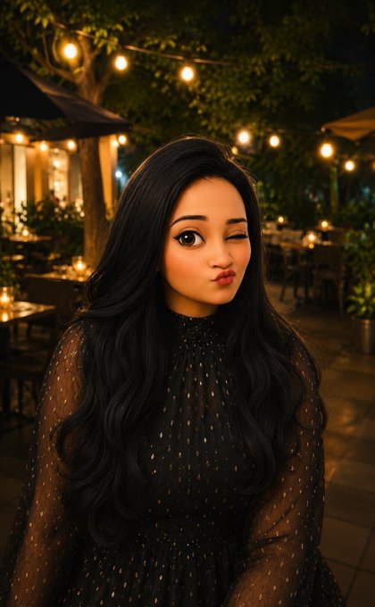 A young woman with long dark hair playfully winks at the camera in an atmospheric outdoor cafe setting strung with warm string lights. The image contrasts with the accompanying post about Web3—showing that complex tech concepts can be made approachable and personable, much like the subject's playful, disarming expression invites connection rather than intimidation.