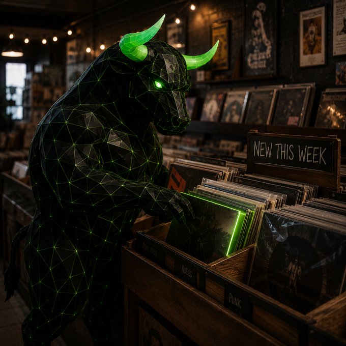 A green-glowing wireframe bull browses through vinyl records in a dimly lit record store, with a 'NEW THIS WEEK' sign visible above the bins.