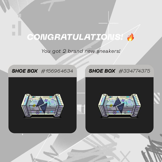 A congratulatory screen saying "CONGRATULATIONS! You got 2 brand new sneakers!" showing two Nike shoe boxes (NFTs) with serial numbers #156964634 and #334774375, likely from a Nike-related Web3 or running app.
