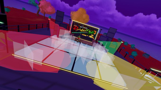 A vibrant, stylized virtual environment with a translucent stage and a screen displaying 'Il Germoglio' alongside '#420GameRomaniaSpace', set against a purple sky.